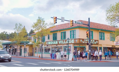 Estes Park, Colorado, USA-May 27, 2018-POV-Main Street Of Typical Small Mountain Town In America.