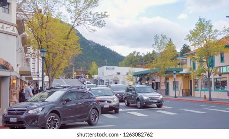 Estes Park, Colorado, USA-May 27, 2018-POV-Main Street Of Typical Small Mountain Town In America.