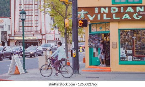 Estes Park, Colorado, USA-May 27, 2018-POV-Main Street Of Typical Small Mountain Town In America.