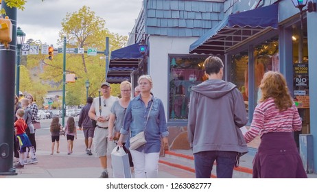 Estes Park, Colorado, USA-May 27, 2018-POV-Main Street Of Typical Small Mountain Town In America.