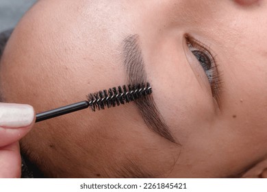 An esthetician using a eyebrow brush to gently shape the brows of a customer after a microblading procudure. - Shutterstock ID 2261845421