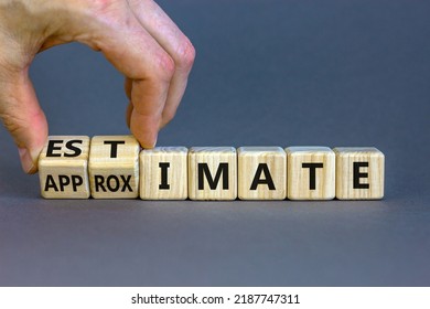 Estimate Or Approximate Symbol. Businessman Turns Wooden Cubes And Changes The Word 'approximate' To 'estimate'. Beautiful Grey Background, Copy Space. Business, Estimate Or Approximate Concept.