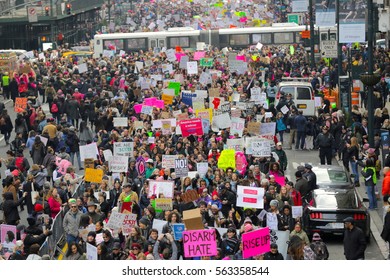 An estimated 400,000 people marched for women's rights and human rights in NYC on Jan. 21, 2017 the day after Donald Trump's inauguration. 