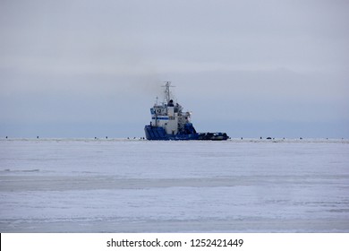 Pärnu, Estonia February 12 2017: Estonian Maritime Administration Ice Breaker EVA-316 In The Pärnu Bay