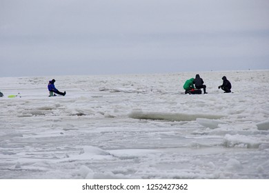 Pärnu, Estonia February 12 2017: Ice Anglers In Pärnu Bay