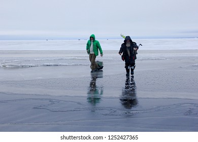 Pärnu, Estonia February 12 2017: Ice Anglers In Pärnu Bay