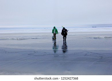 Pärnu, Estonia February 12 2017: Ice Anglers In Pärnu Bay