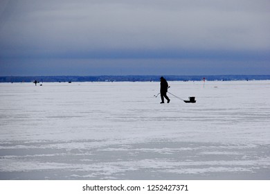 Pärnu, Estonia February 12 2017: Ice Anglers In Pärnu Bay