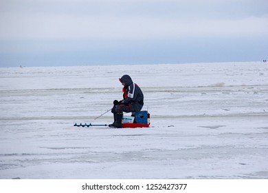 Pärnu, Estonia February 12 2017: Ice Anglers In Pärnu Bay