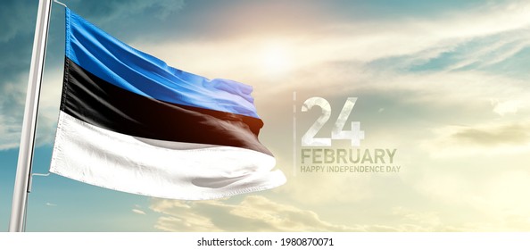 Estonia national flag waving in beautiful sunlight.