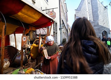 Estonia, Tallin - March 31, 2018: People On The Street Of Tallin City