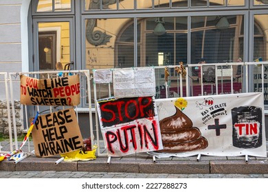 Estonia, Tallinn - July 21, 2022: Closeup Banner 4, Fence Hang With Protest Posters And Solidarity With Ukrain Banners In Front Of Russian Embassy On Pikk Street.