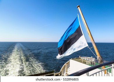 Estonian Flag On A Ship In A Beautiful Summer Day, Estonia