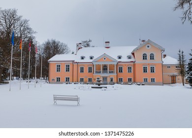 Estonian Manor House At Snowy Weather. Vihula, Estonia.