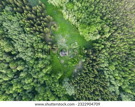 Estonian nature landscape, lonely forest house in summer, view from above.