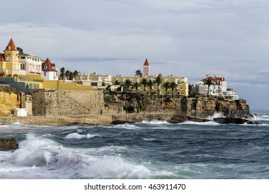 ESTORIL, LISBON, PORTUGAL - OCTOBER 30, 2015: The beach at stormy day at Atlantic ocean Estoril is a town and a former civil parish in the municipality of Cascais, Portugal, on the Portuguese Riviera 