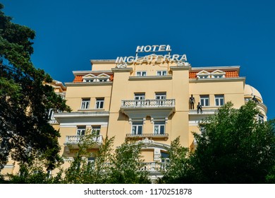 Estoril, Portugal - August 30th, 2018: Facade of Belle Epoque style Hotel Inglaterra in Estoril, famous for hosting WWII-era spies