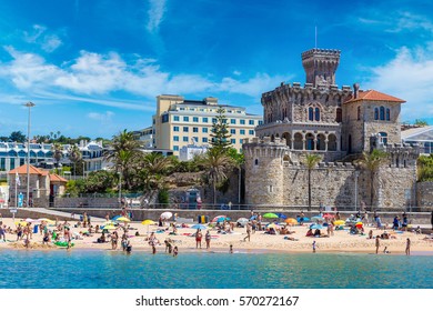 ESTORIL, PORTUGAL - JUNE 21, 2016: Public beach in Estoril in a beautiful summer day, Portugal on June 21, 2016