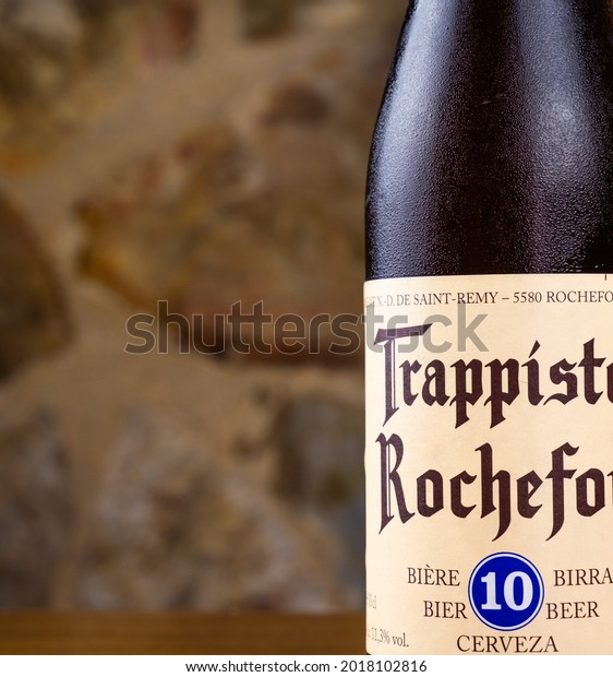 Estremadura. 02-08-2021. Close-up of a bottle of Trappist beer, Trappistes Rochefort. Belgian beer, cherry from monasteries, craft beers. Oktoberfest