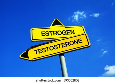 Estrogen vs Testosterone - Traffic sign with two options - Difference between male and female sex hormones. Different biological function of body based on hormonal production