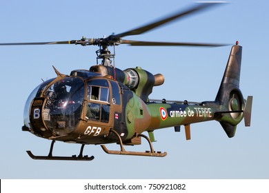 ETAIN, FRANCE - AUG 24, 2016: French Army Aerospatiale SA342M Gazelle Helicopter Taking Off.