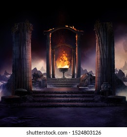 The eternal fire, dark atmospheric landscape with stairs to ancient columns and font of fire, fantasy background