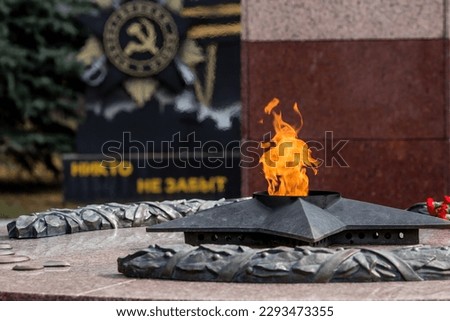 Eternal flame on the Walk of Fame with red carnations. Monument 