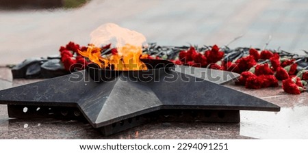 Eternal flame on the Walk of Fame with red carnations. Monument 
