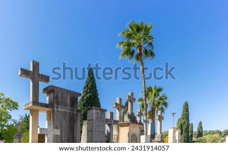 Eternal Rest: Cross Monuments Under Blue Sky in Serene Cemetery