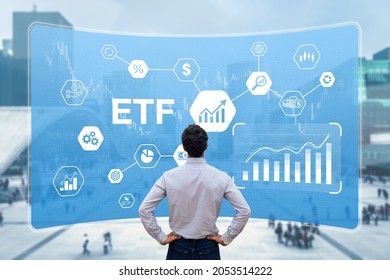 ETF Exchange-Traded Funds Investment With Investor Building A Portfolio Of Financial Assets On Market Such As Stock, Bonds, Commodities, Currencies. Capital Management And Finance.