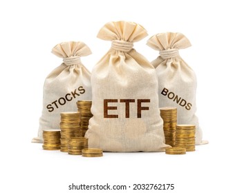 ETF fund with stocks and bonds. Money bag as a symbol of stock market trading. isolated on white background.