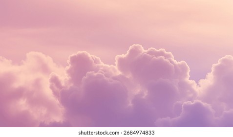 Ethereal cloudscape background featuring fluffy clouds in romantic shades of pink, purple, and soft orange. A peaceful and calming atmospheric nature scene.