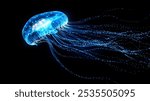 Ethereal glowing jellyfish gracefully drifting through the dark ocean, showcasing bioluminescent beauty. Perfect for marine life visuals.