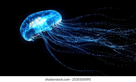 Ethereal glowing jellyfish gracefully drifting through the dark ocean, showcasing bioluminescent beauty. Perfect for marine life visuals. - Powered by Shutterstock