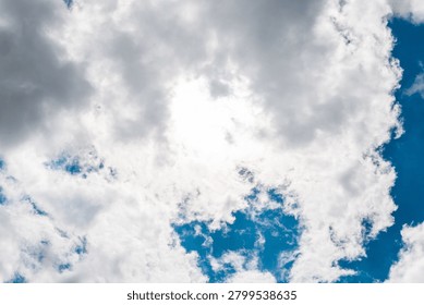 Ethereal light of the sun behind dramatic stormy cloud formations. Dramatic sun breaking through dark, heavy storm clouds.