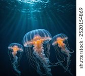 Ethereal Ocean Depths: A glowing jellyfish gracefully drifts in tranquil, deep ocean waters. Soft beams of light pierce through the surface, illuminating the jellyfish’s luminescent tendrils.