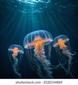 Ethereal Ocean Depths: A glowing jellyfish gracefully drifts in tranquil, deep ocean waters. Soft beams of light pierce through the surface, illuminating the jellyfish’s luminescent tendrils.