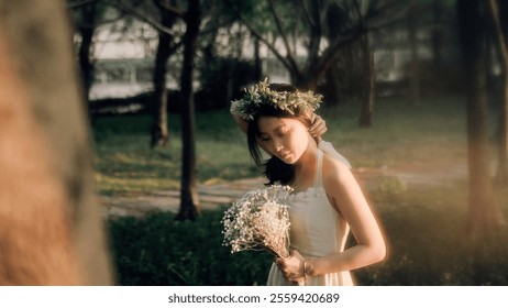 Ethereal Woman in White Dress Holding Baby's Breath Bouquet, Wearing Floral Crown in Sunlit Forest – Dreamy Outdoor Portrait Photography. - Powered by Shutterstock