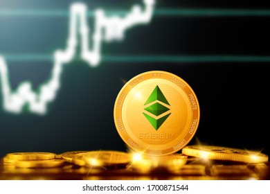 ETHEREUM classic (ETC) cryptocurrency; golden ethereum classic coin on the background of the chart
 - Shutterstock ID 1700871544