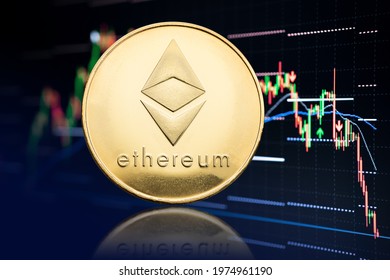 Ethereum coin and stock chart background with price falling. Cryptocurrency