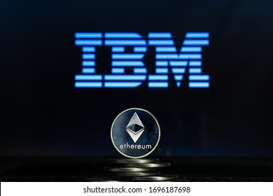 Ethereum Coins With IBM Logo On A Laptop Screen. Slovenia, Ljubljana - 02 24 2019