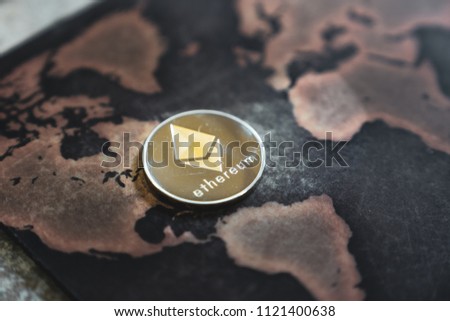 Ethereum Cryptocurrency Token Coin on World Map in North America