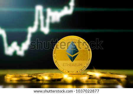 ETHEREUM (ETH) cryptocurrency; gold ethereum coin on the background of the chart