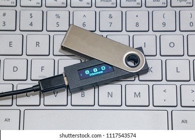 Ethereum Hardware Wallet On Laptop Keyboard