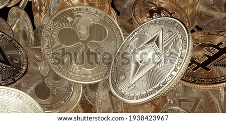 Ethereum vs Ripple, flying golden cryptocurrency coins with Bitcoin, Ethereum, Zcoin,  ripple symbol zoom in background.