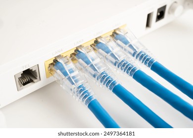 Ethernet cable with wireless router connect to internet service provider internet network.