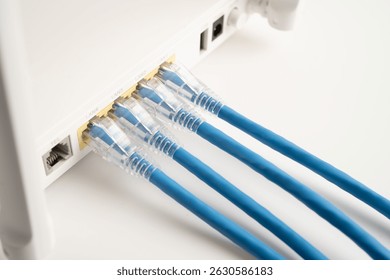 Ethernet cable with wireless router connect to internet service provider internet network.
