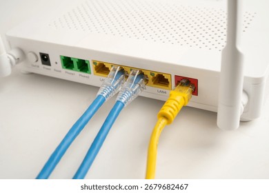 Ethernet cable with wireless router connect to internet service provider network.