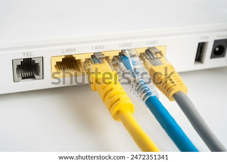 Ethernet cable with wireless router connect to internet service provider internet network.