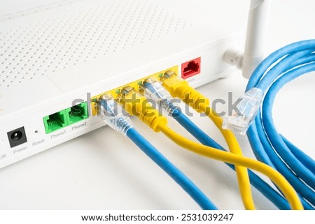 Ethernet cable with wireless router connect to internet service provider internet network.